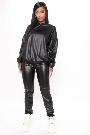 Acting Up PU Hoodie And Jogger Set - Black