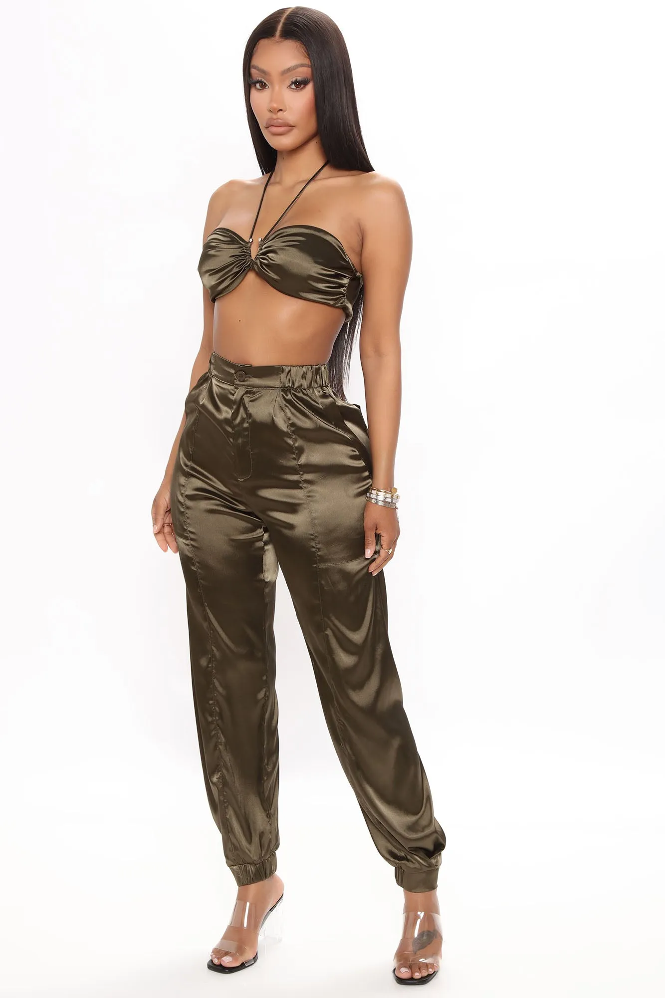 Always Influential Satin Jogger Set 28 - Olive