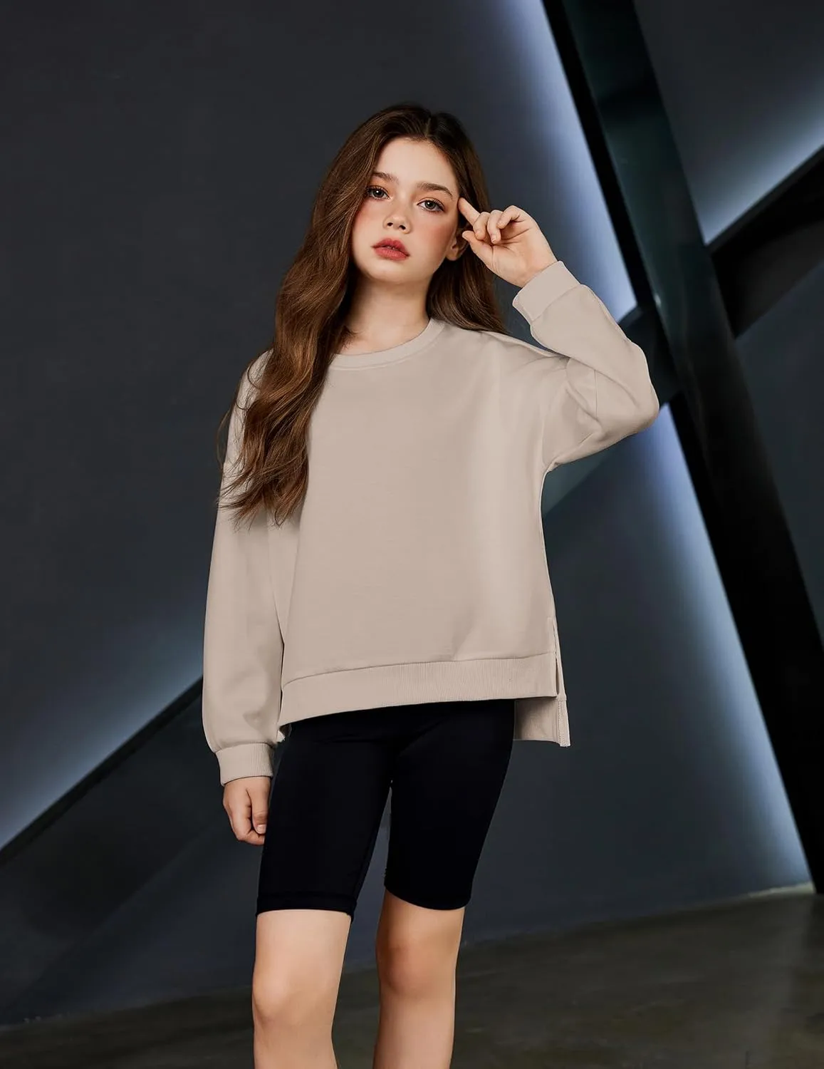 Arshiner Girls Crewneck Sweatshirt Long Sleeve Pullover Tops Drop Shoulder Sweatshirts Side Split for 5-14 Years