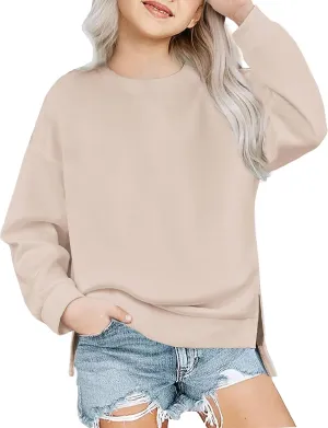 Arshiner Girls Crewneck Sweatshirt Long Sleeve Pullover Tops Drop Shoulder Sweatshirts Side Split for 5-14 Years