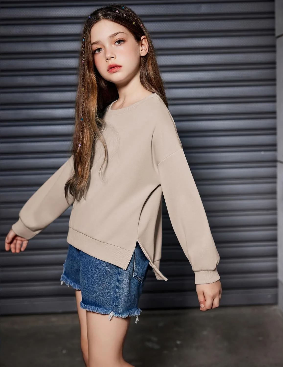 Arshiner Girls Crewneck Sweatshirt Long Sleeve Pullover Tops Drop Shoulder Sweatshirts Side Split for 5-14 Years