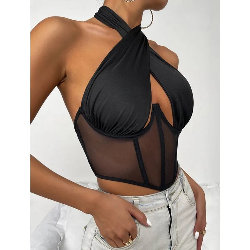 Cross Halter Corset Bustier Mesh Bone Tank Top