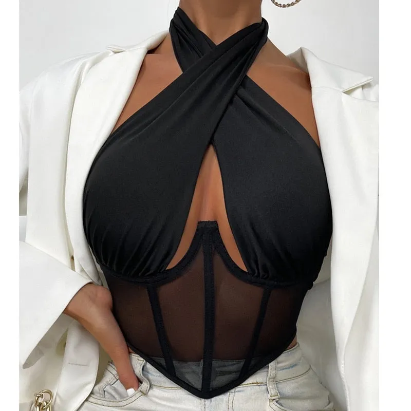 Cross Halter Corset Bustier Mesh Bone Tank Top