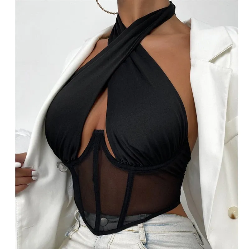 Cross Halter Corset Bustier Mesh Bone Tank Top