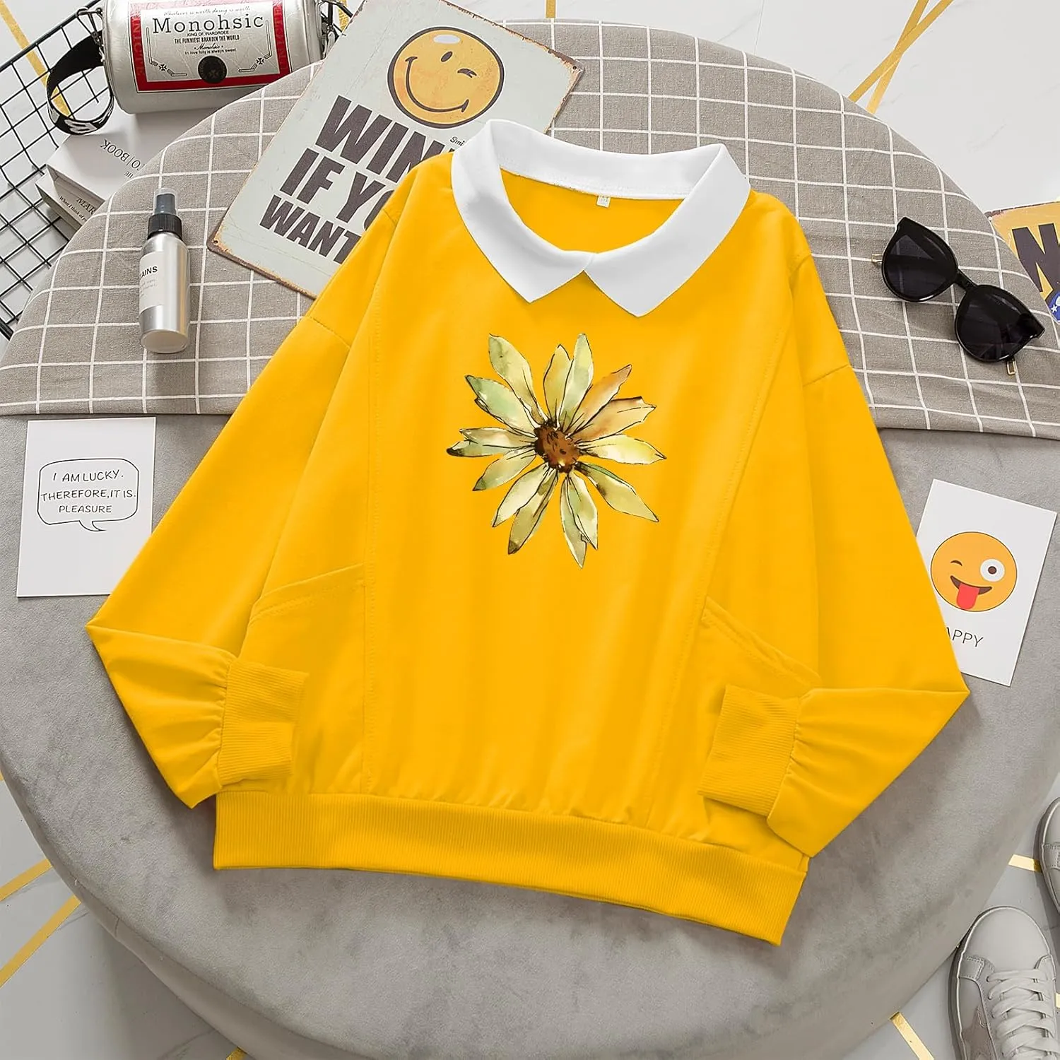 Cute Sunflower Graphic Sweatshirts for Teen Girls Funny Flower Collar Pullover Preppy Long Sleeve Tops with Pockets