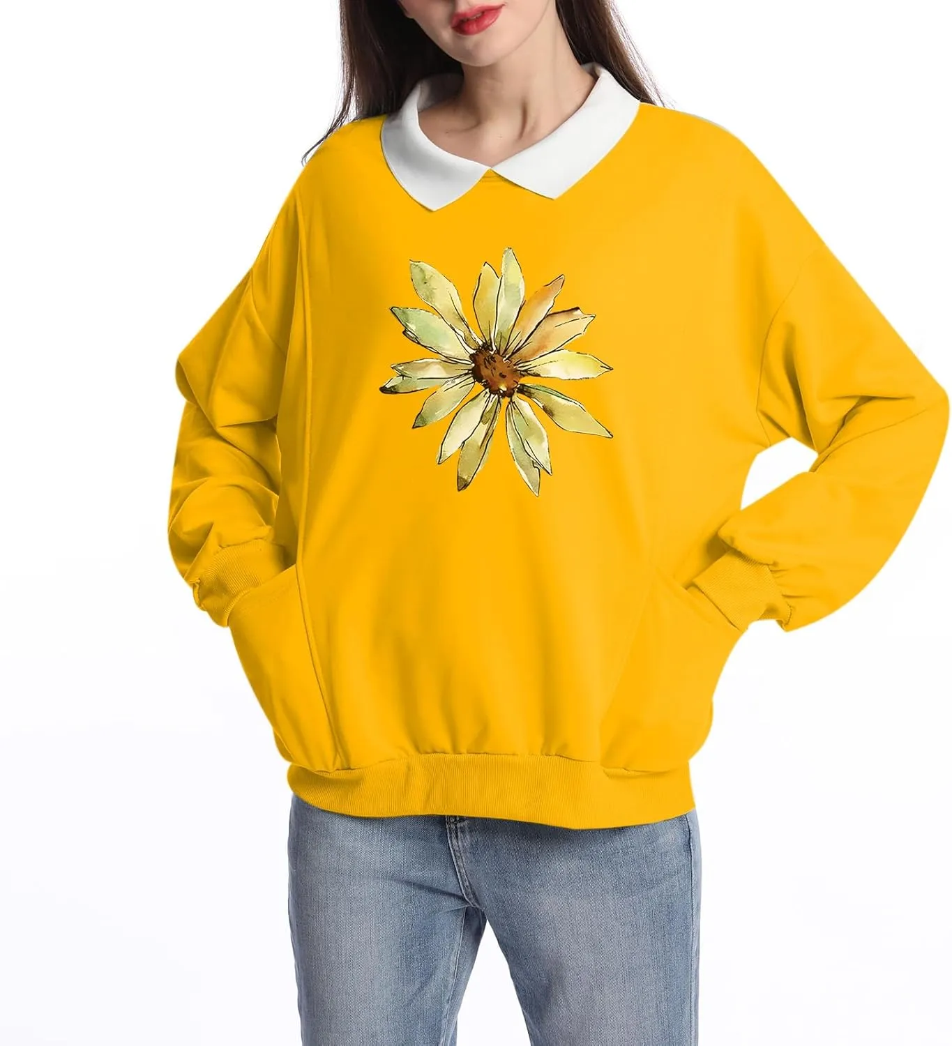 Cute Sunflower Graphic Sweatshirts for Teen Girls Funny Flower Collar Pullover Preppy Long Sleeve Tops with Pockets
