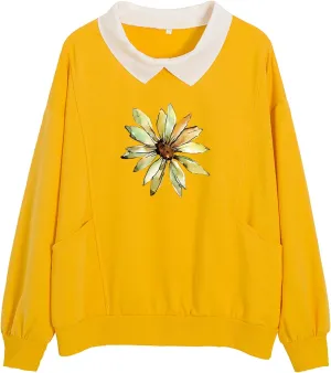Cute Sunflower Graphic Sweatshirts for Teen Girls Funny Flower Collar Pullover Preppy Long Sleeve Tops with Pockets