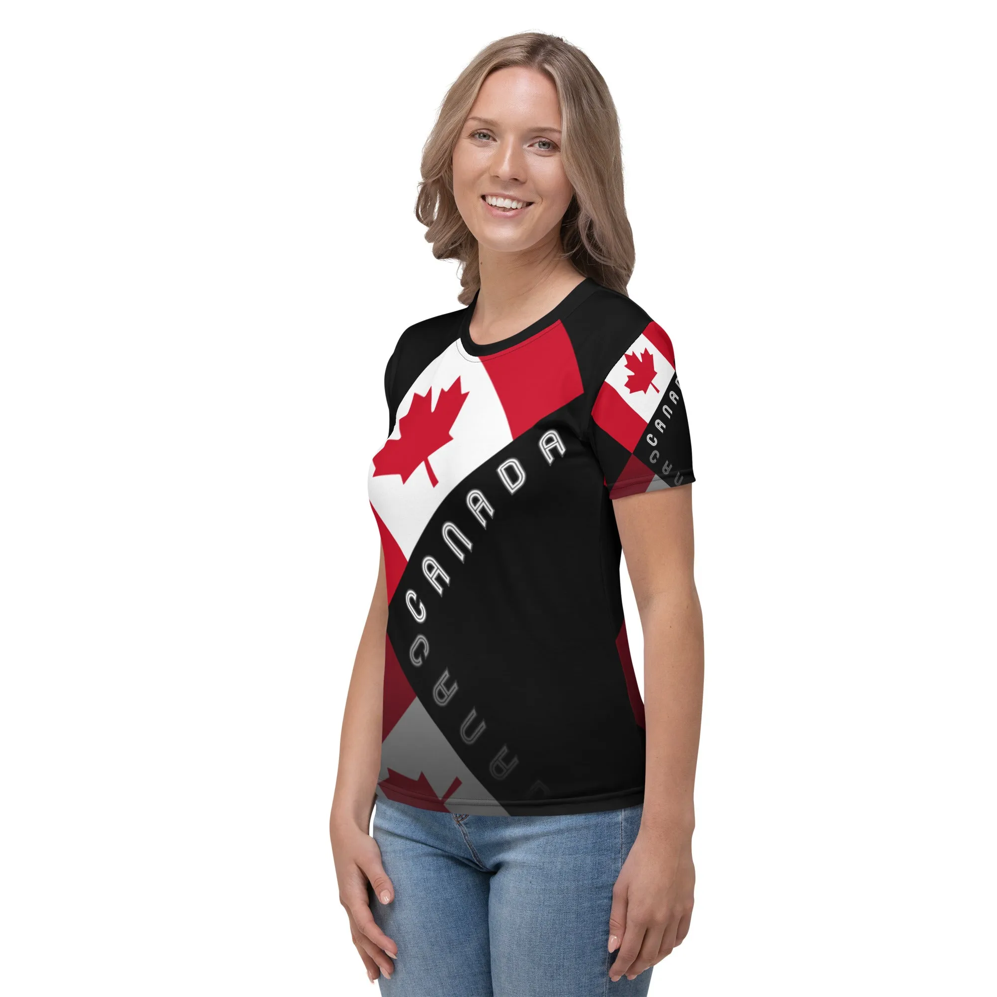 Elegant Maple Leaf Canada AOP Women's Crew Neck Black T-Shirt