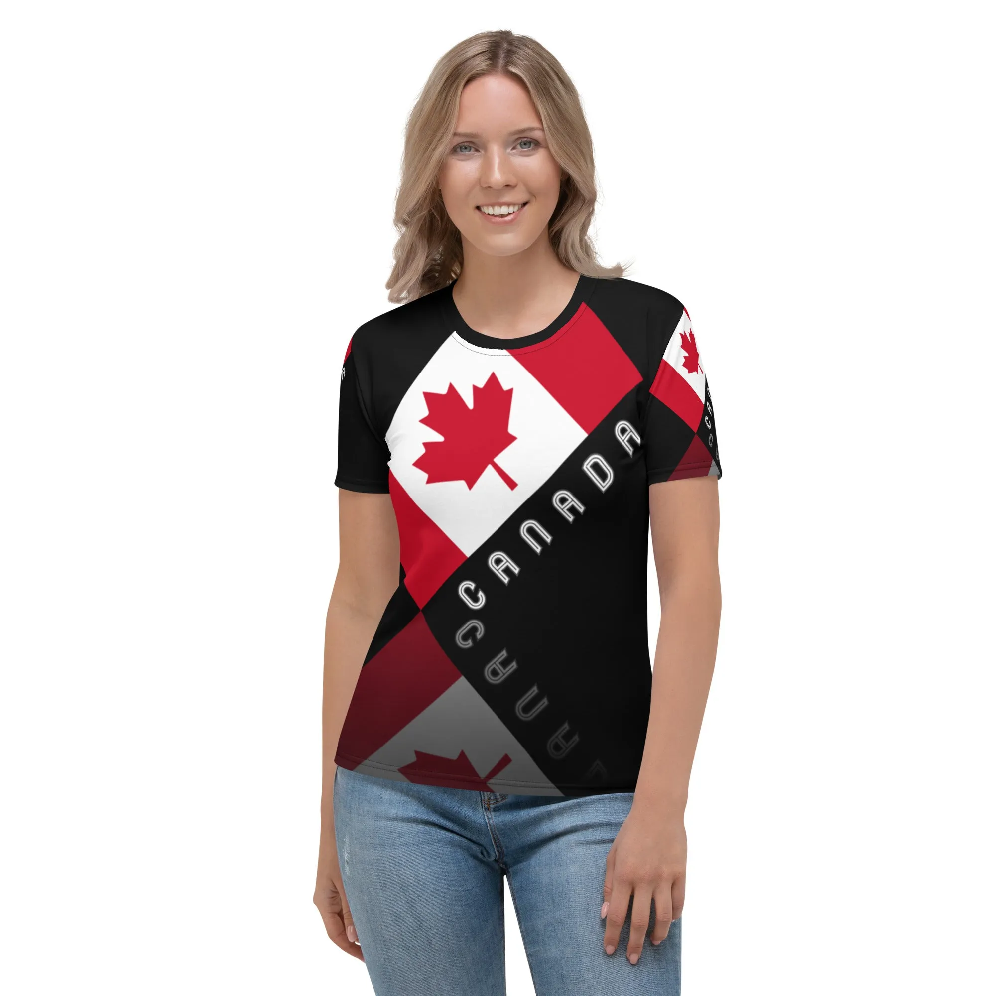 Elegant Maple Leaf Canada AOP Women's Crew Neck Black T-Shirt