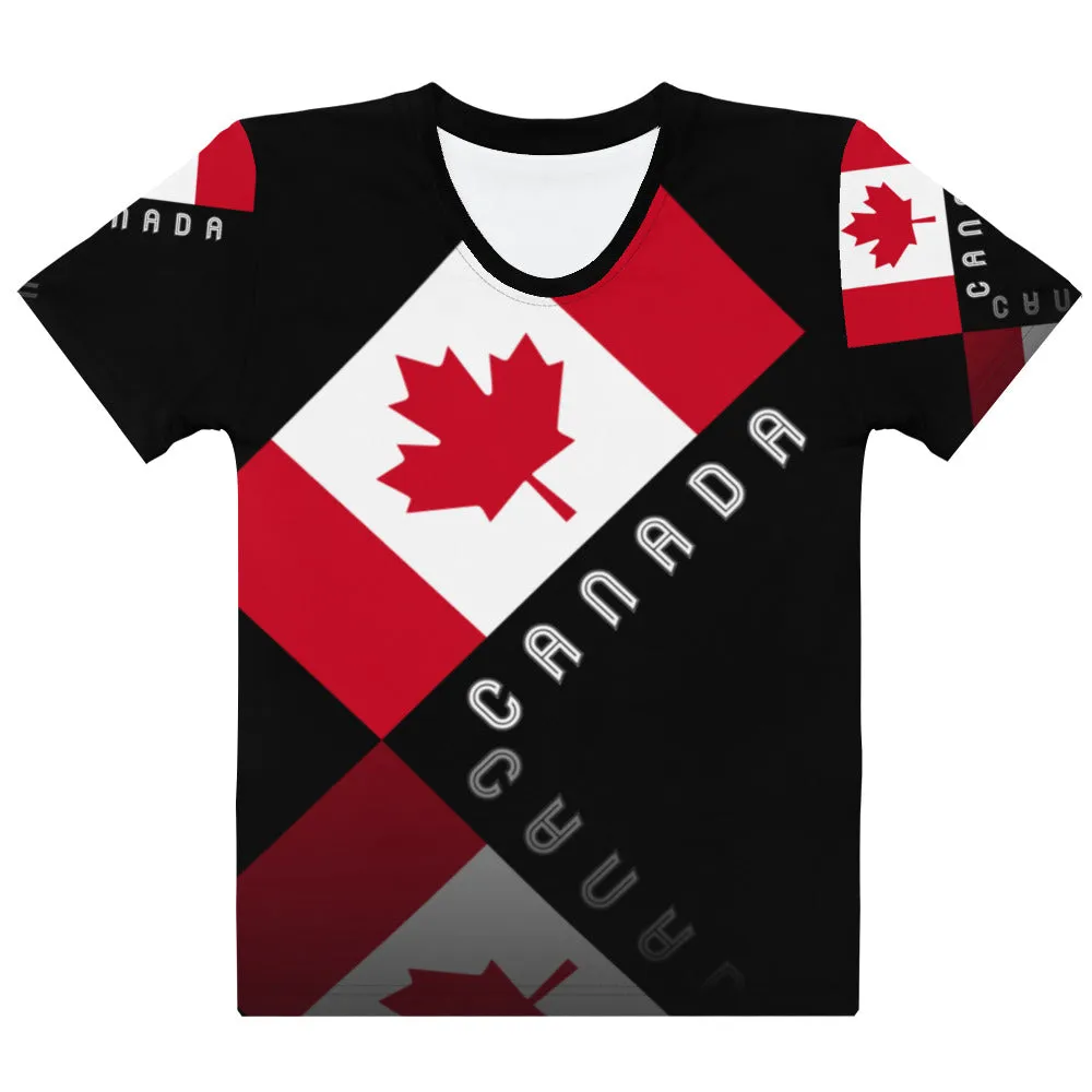 Elegant Maple Leaf Canada AOP Women's Crew Neck Black T-Shirt