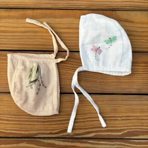 Muslin Newborn Bonnet Caps (Pink & White) Without Frills