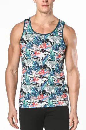 TEAL/BLACK TROPICS PRINTED STRETCH JERSEY KNIT TANK TOP ST-465