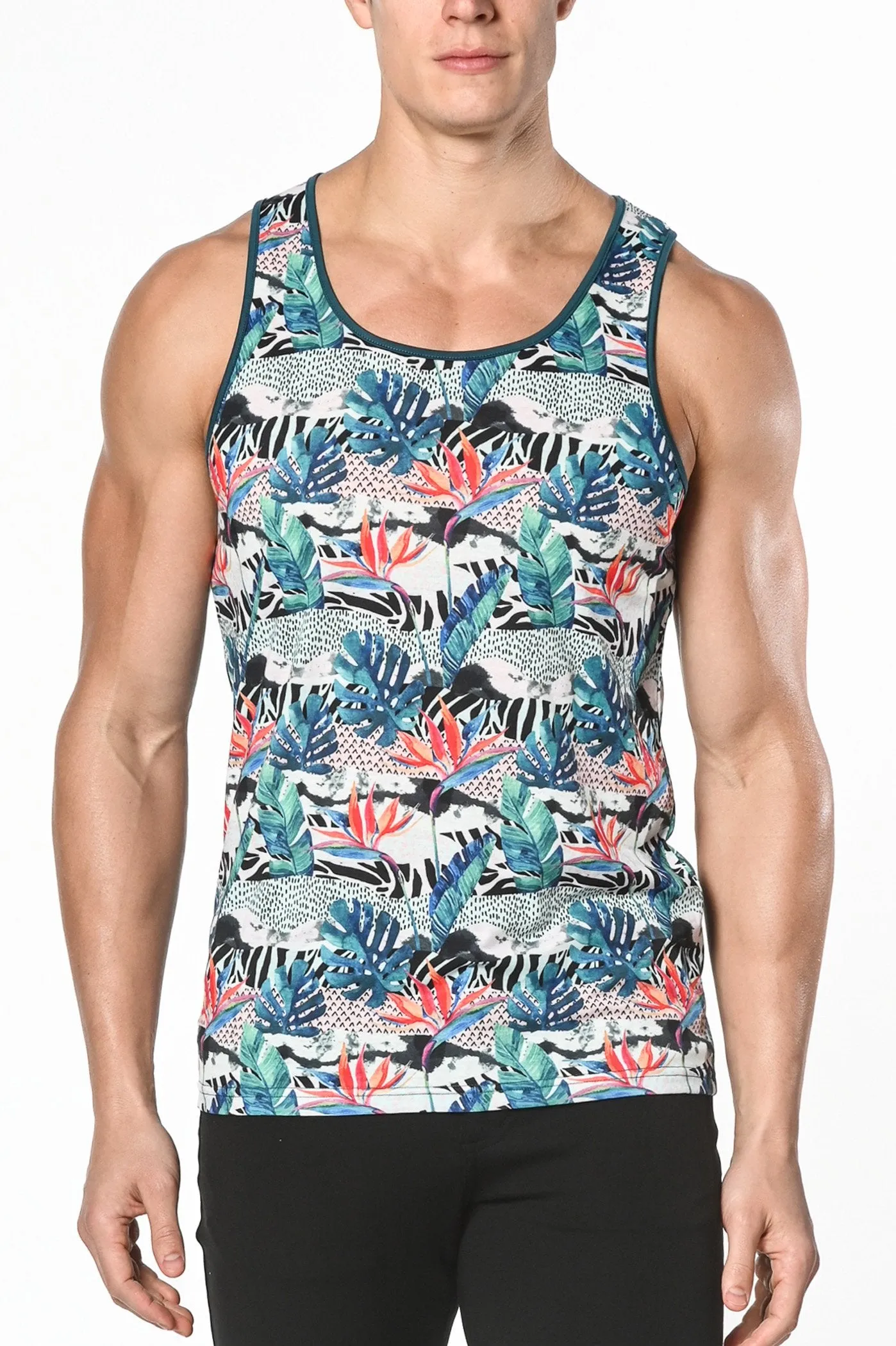 TEAL/BLACK TROPICS PRINTED STRETCH JERSEY KNIT TANK TOP ST-465