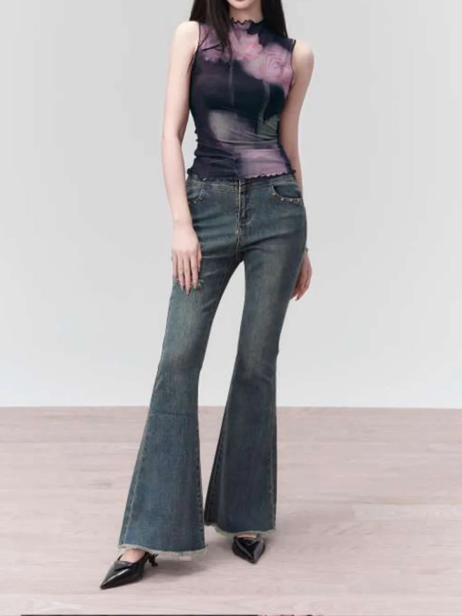 Tie-Dye Ruffle Mesh Sleeveless Top