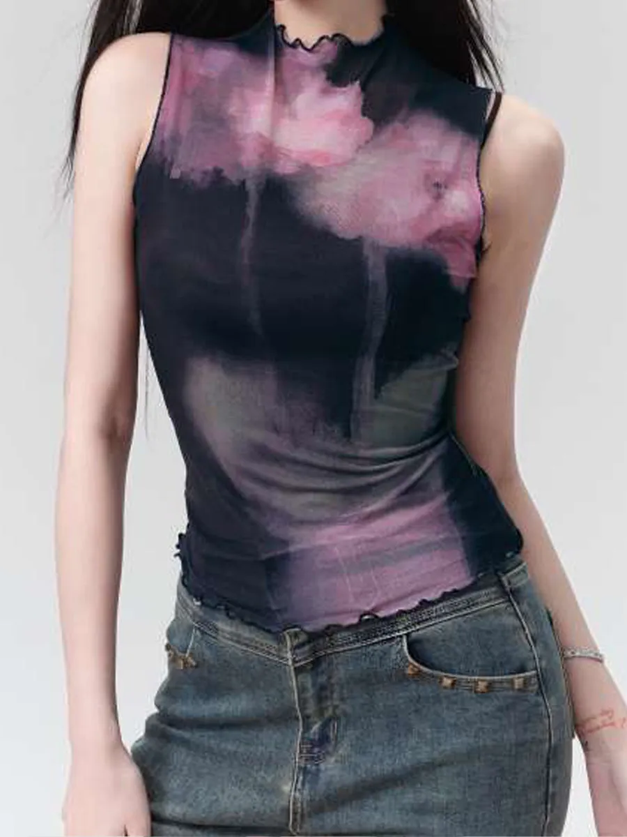 Tie-Dye Ruffle Mesh Sleeveless Top