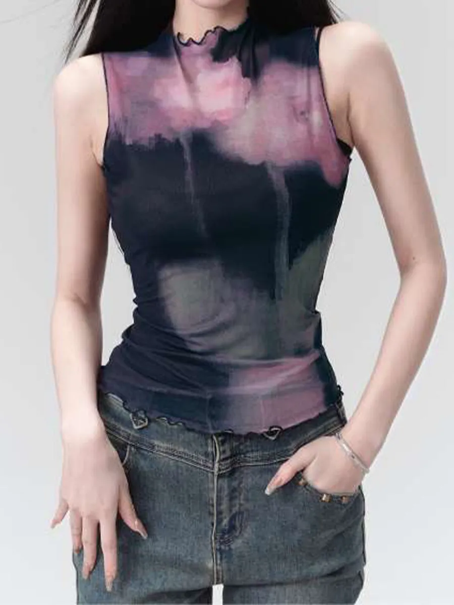 Tie-Dye Ruffle Mesh Sleeveless Top