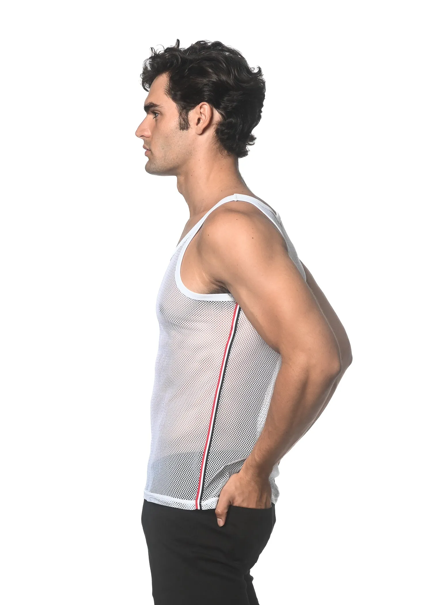WHITE STRETCH MESH TANK WITH SIDE TAPE ST-11120