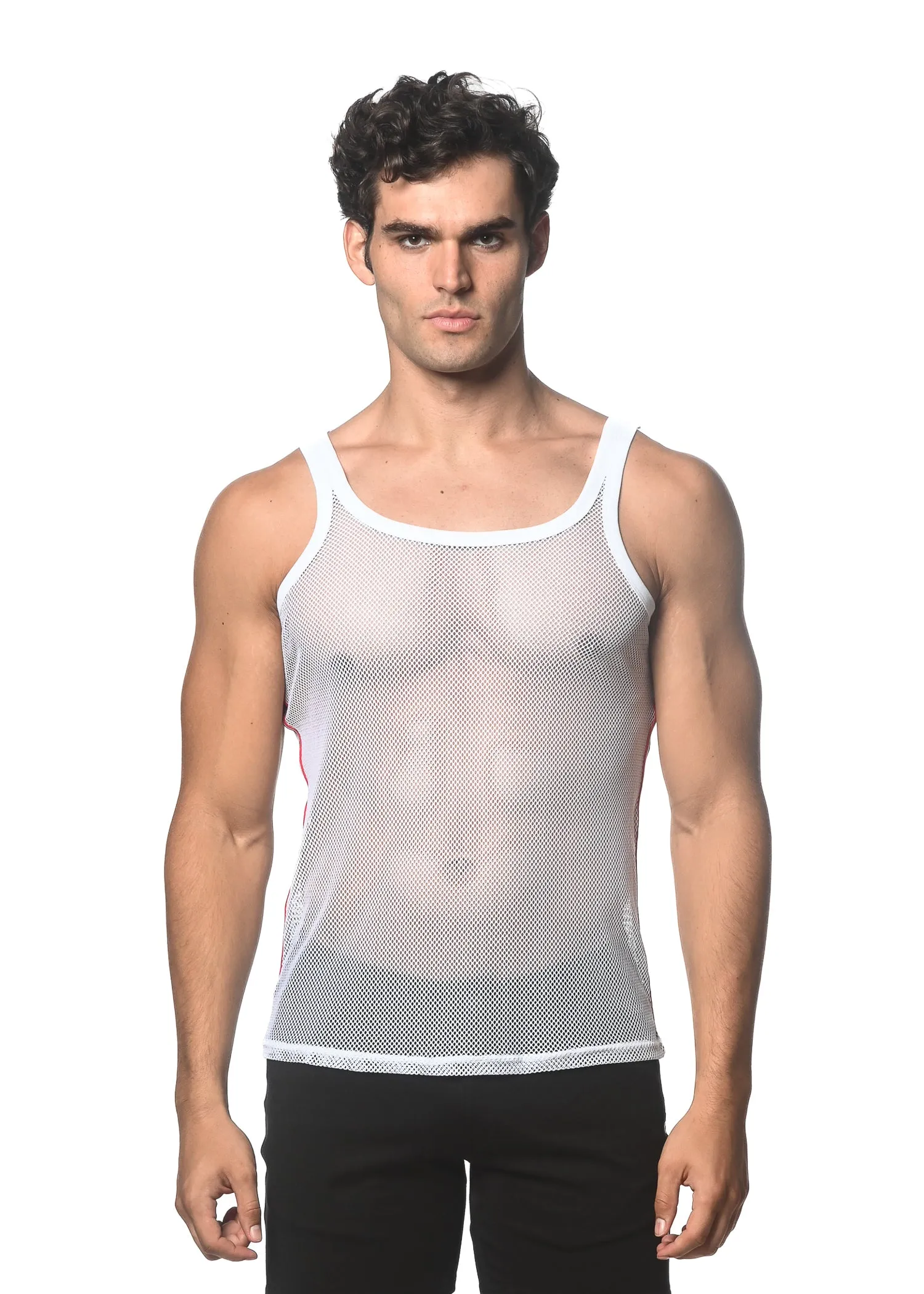 WHITE STRETCH MESH TANK WITH SIDE TAPE ST-11120