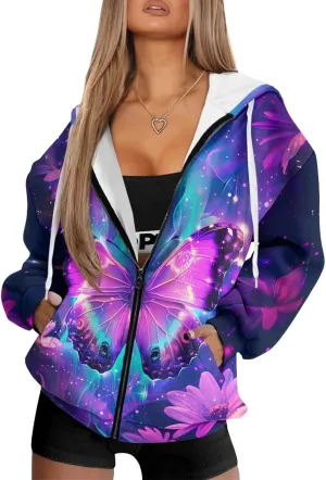 Womens Zip Up Hoodies Long Sleeve Sweatshirts Casual Oversized Fall Outfits Drop Shoulder Outdoor Sweatshirt with Pockets