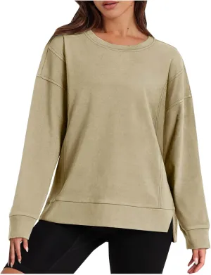 ZDRZK Crewneck Sweatshirts Women Casual Loose Lightweight Thin Fall Outfits Tops Split High Low Hem Long Sleeve Clothes