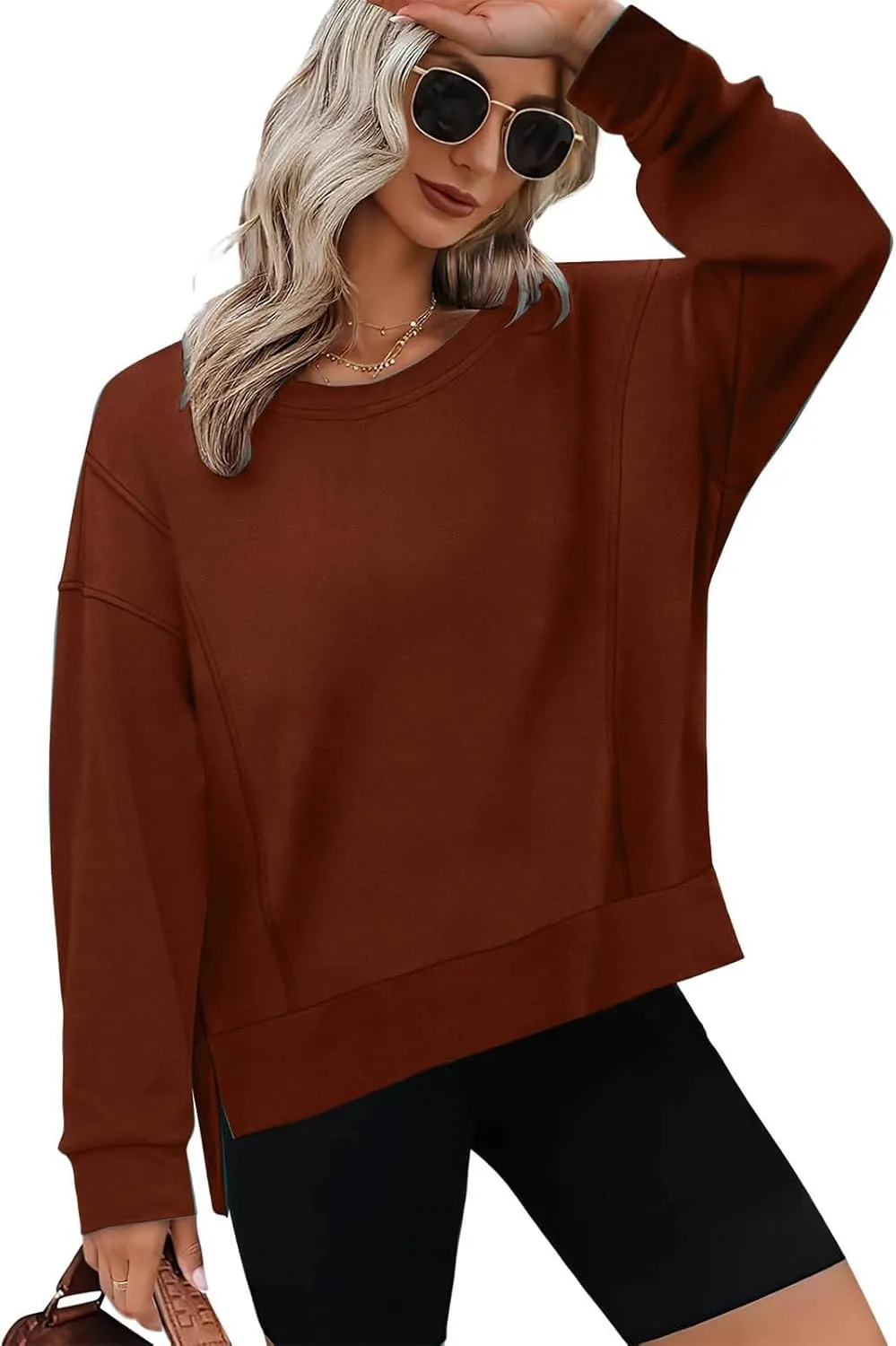ZDRZK Crewneck Sweatshirts Women Casual Loose Lightweight Thin Fall Outfits Tops Split High Low Hem Long Sleeve Clothes