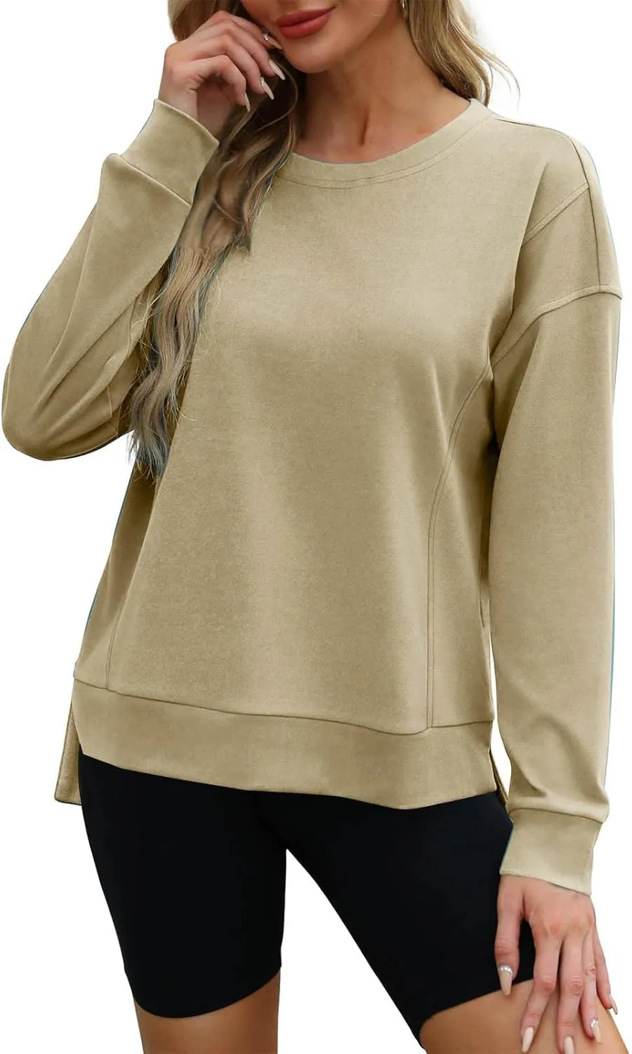 ZDRZK Crewneck Sweatshirts Women Casual Loose Lightweight Thin Fall Outfits Tops Split High Low Hem Long Sleeve Clothes