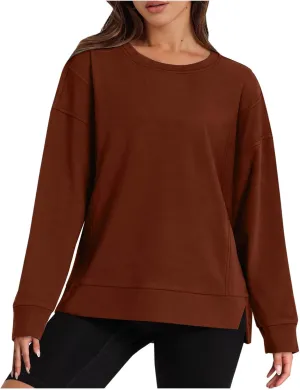 ZDRZK Crewneck Sweatshirts Women Casual Loose Lightweight Thin Fall Outfits Tops Split High Low Hem Long Sleeve Clothes