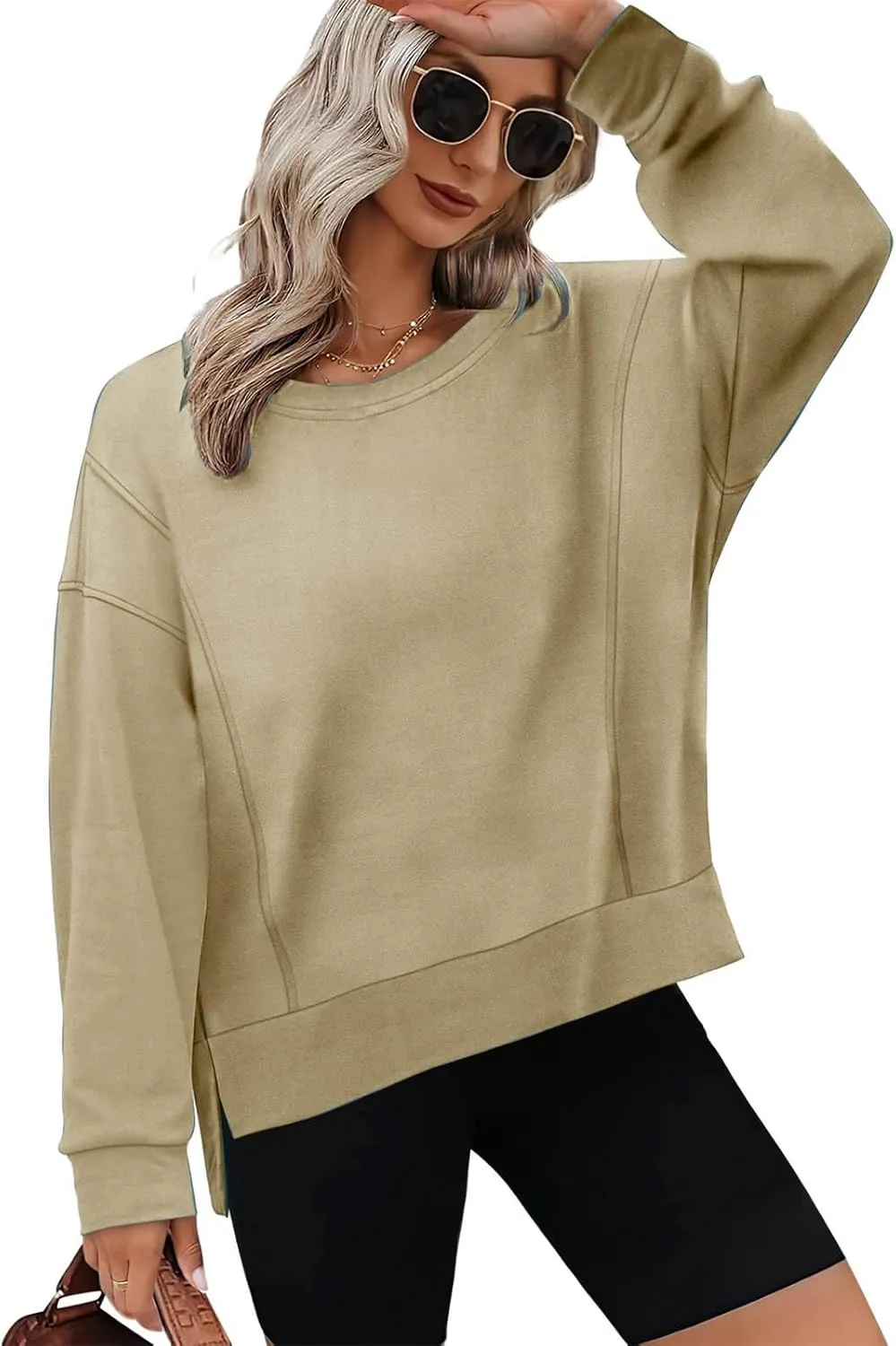 ZDRZK Crewneck Sweatshirts Women Casual Loose Lightweight Thin Fall Outfits Tops Split High Low Hem Long Sleeve Clothes
